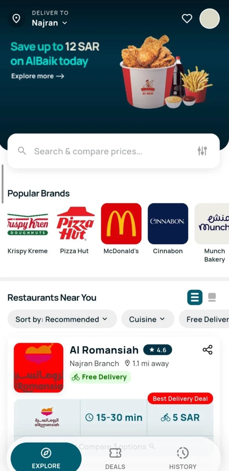 Mallah mobile app home screen with restaurants, price comparison, and delivery deals