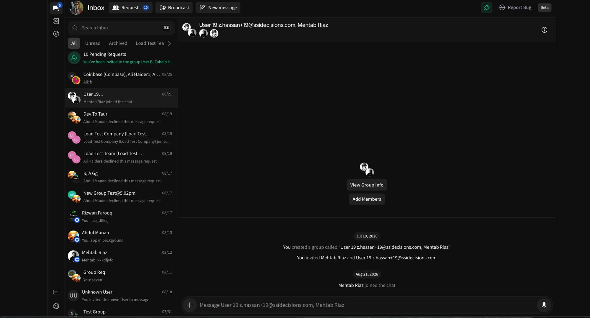 The Tie Bridge web messenger showing a team inbox, group chats, and message requests